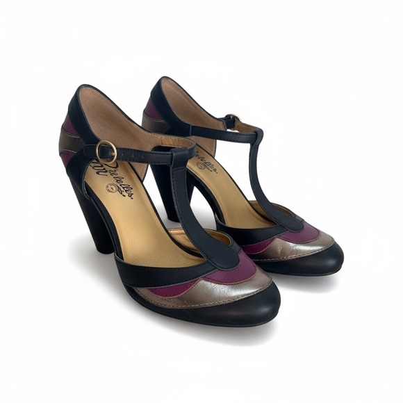 Seychelles Black and Purple T-Strap Heels - Picture 1 of 7
